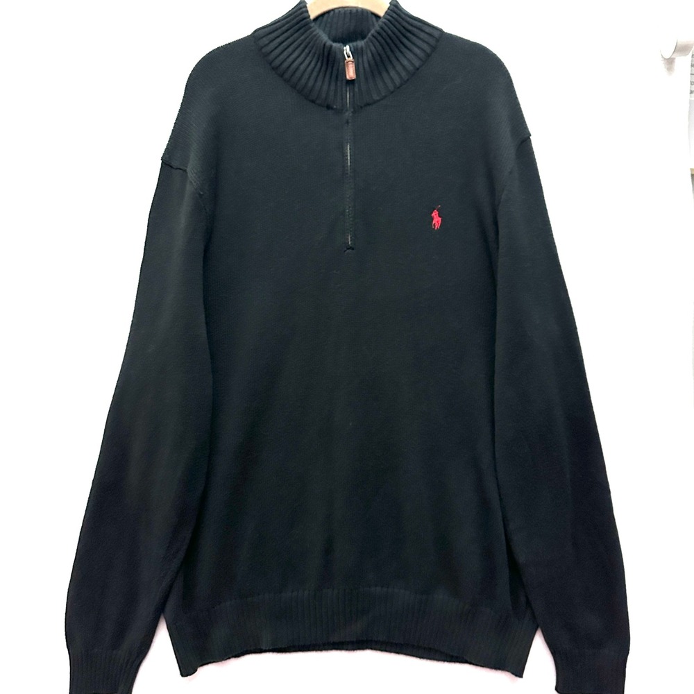 Polo Ralph Lauren Mens XXL Black Red Pony Cotton Quarter Zip Pullover Sweater